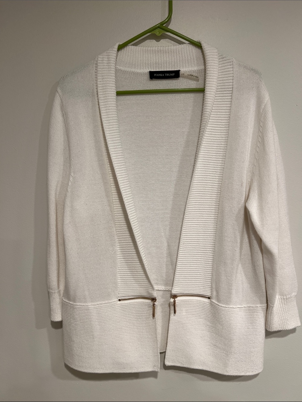 Ivanka Trump White Open-Front Knit Cardigan with Gold Zipper Details